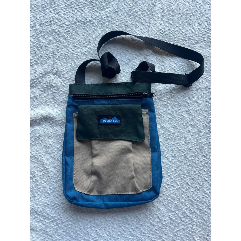 KAVU Keeper Crossbody Bag Blue Green Tan Colorblock Canvas Travel Purse